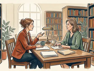 Dos mujeres conversan ante documentos en una biblioteca.