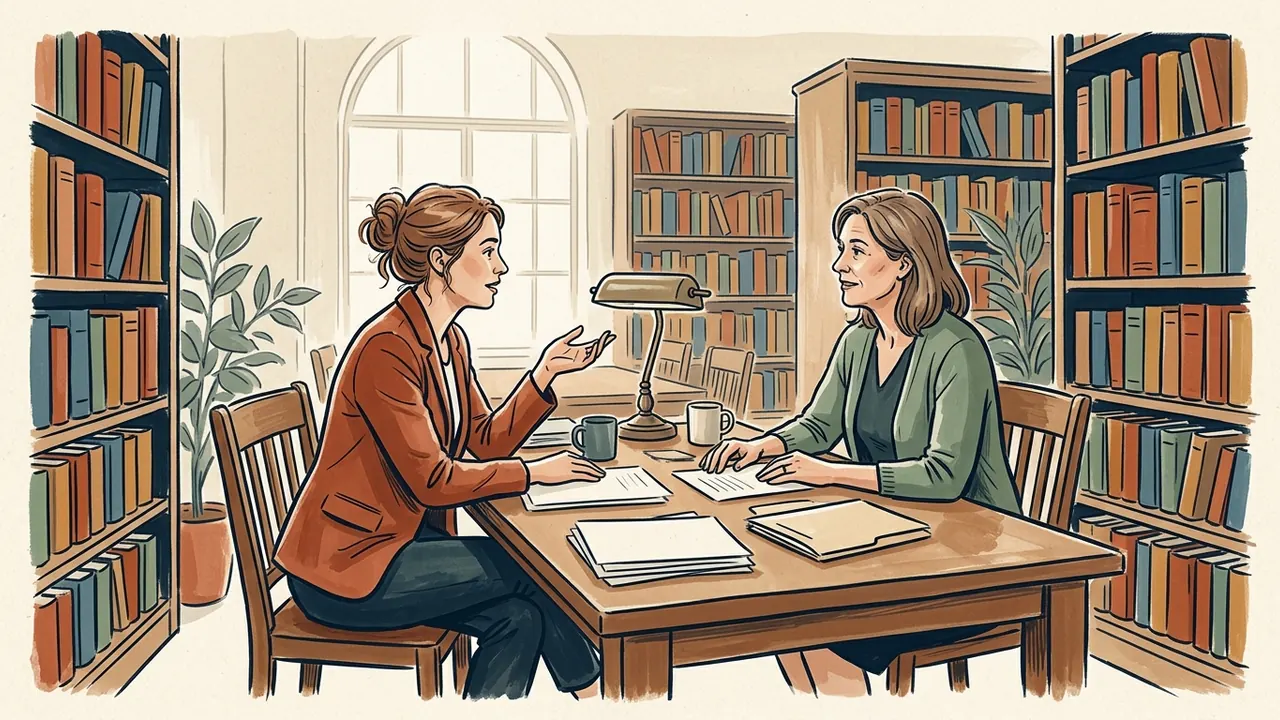 Dos mujeres conversan ante documentos en una biblioteca.