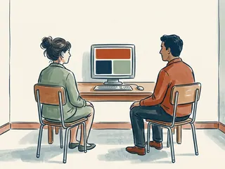 Dos personas sentadas observan una pantalla con tres bloques de color en una sala educativa.