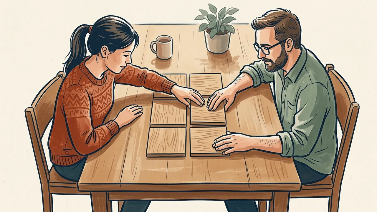Dos personas ordenan seis piezas cuadradas de madera en una mesa.