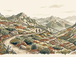 Dos pequeñas figuras caminan por un sendero entre montañas y vegetación de altura.