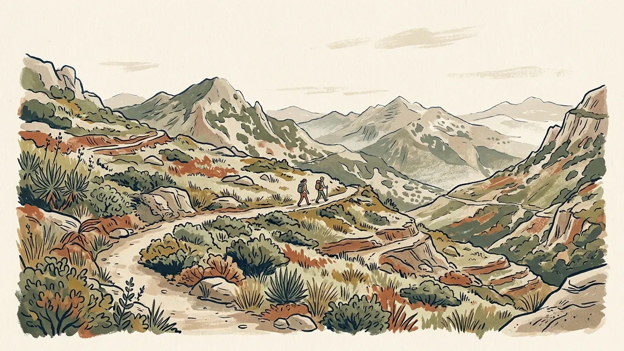 Dos pequeñas figuras caminan por un sendero entre montañas y vegetación de altura.