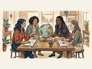Cuatro mujeres dialogan alrededor de una mesa con un globo terráqueo.