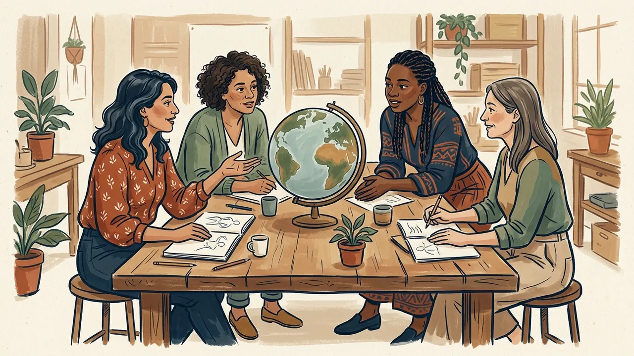 Cuatro mujeres dialogan alrededor de una mesa con un globo terráqueo.