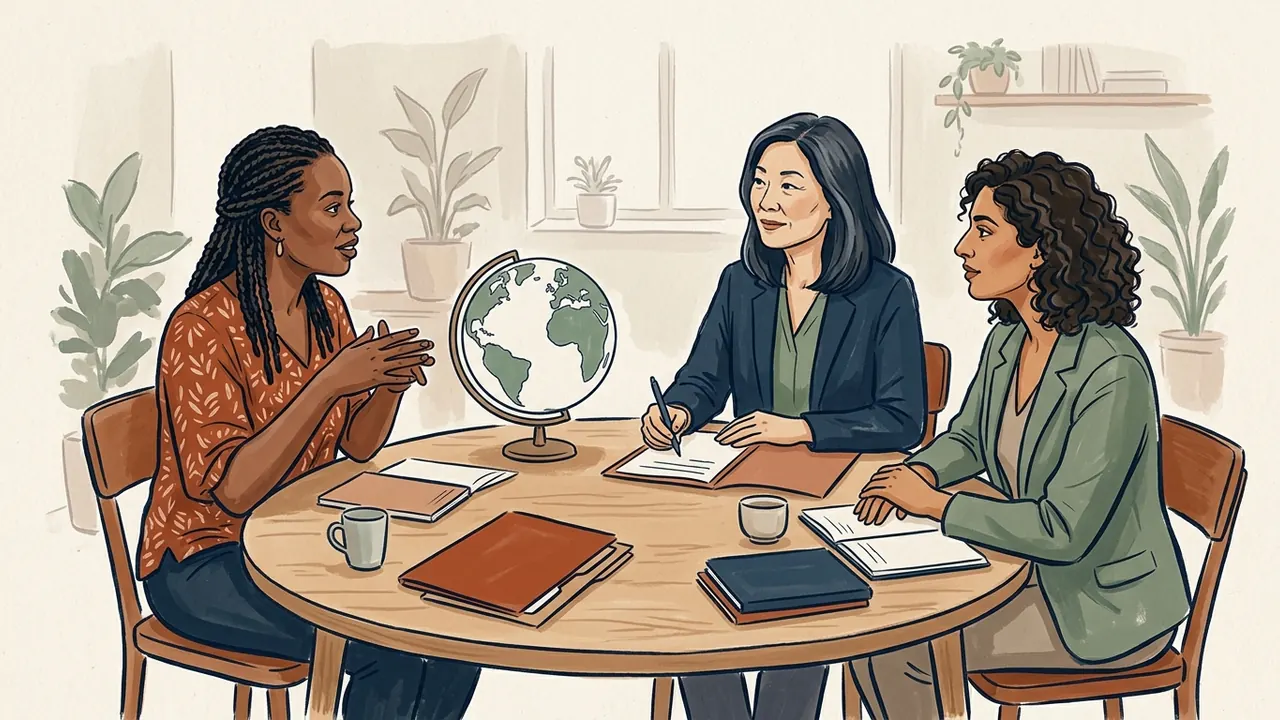 Tres mujeres conversan alrededor de una mesa con carpetas y un globo terráqueo sin fronteras.