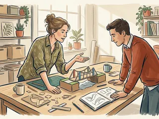 Una ingeniera explica una maqueta de puente a otra persona en una mesa de trabajo.