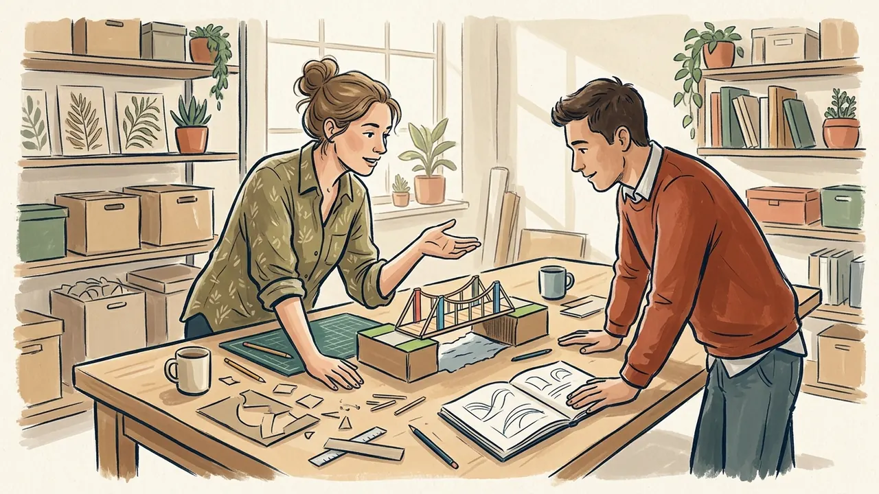 Una ingeniera explica una maqueta de puente a otra persona en una mesa de trabajo.