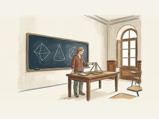 Matemática señalando un modelo geométrico junto a una pizarra con figuras.