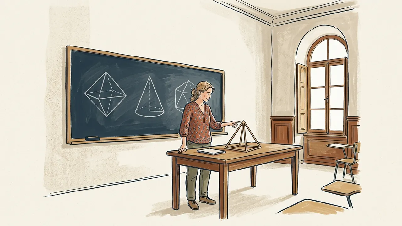 Matemática señalando un modelo geométrico junto a una pizarra con figuras.