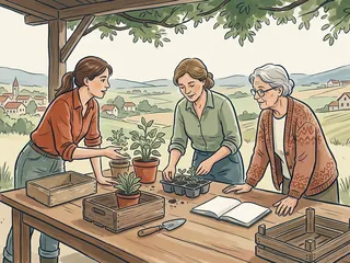 Tres mujeres de distintas edades organizan plantas y materiales sobre una mesa con un cuaderno abierto, ante un paisaje rural.
