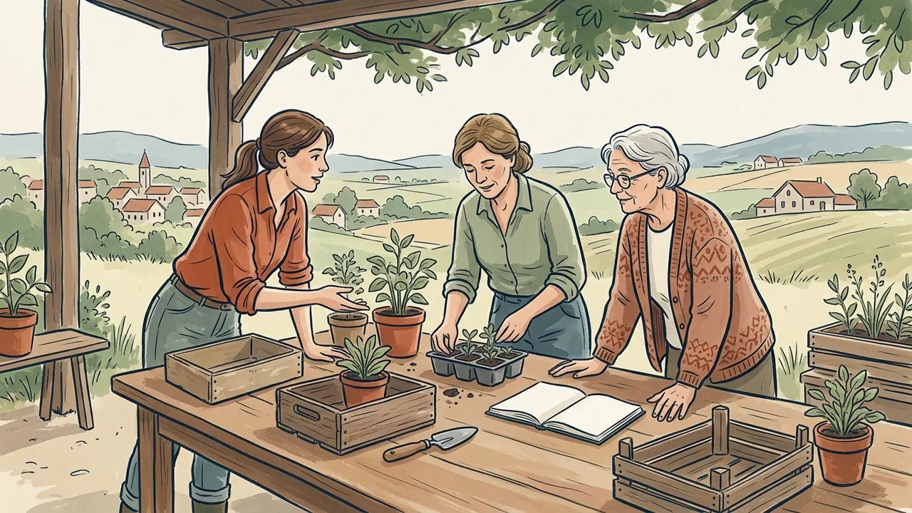 Tres mujeres de distintas edades organizan plantas y materiales sobre una mesa con un cuaderno abierto, ante un paisaje rural.