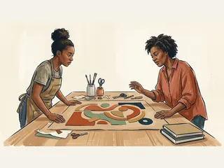Dos mujeres observan una composición artística de formas y colores sobre una mesa de taller.