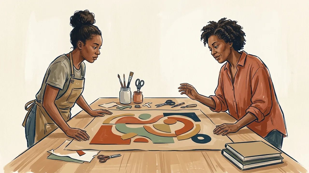 Dos mujeres observan una composición artística de formas y colores sobre una mesa de taller.