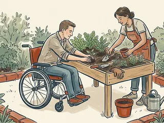 Una persona en silla de ruedas y otra de pie cuidan plantas en una mesa de cultivo elevada.