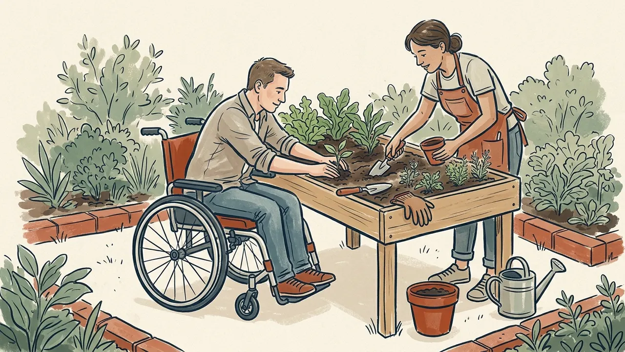 Una persona en silla de ruedas y otra de pie cuidan plantas en una mesa de cultivo elevada.