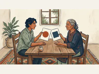 Dos personas adultas de edades distintas comparten láminas de formas geométricas sobre una mesa.