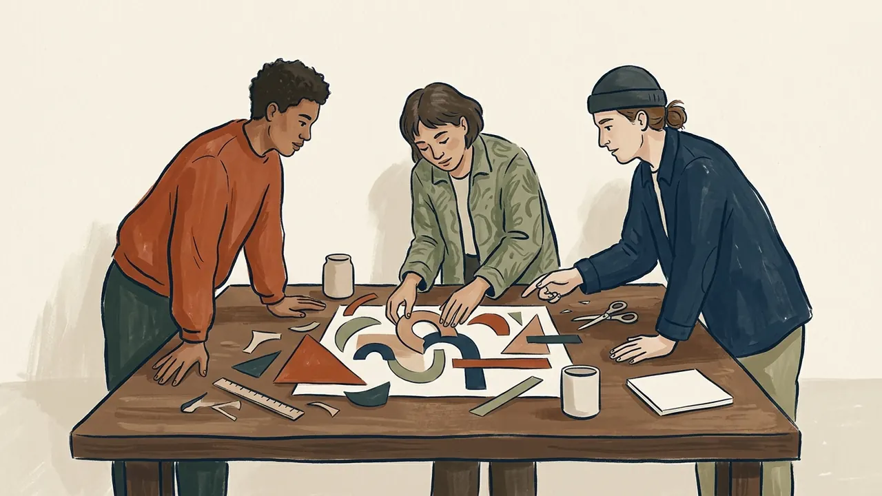 Tres personas elaboran una composición de formas de papel sobre una mesa.