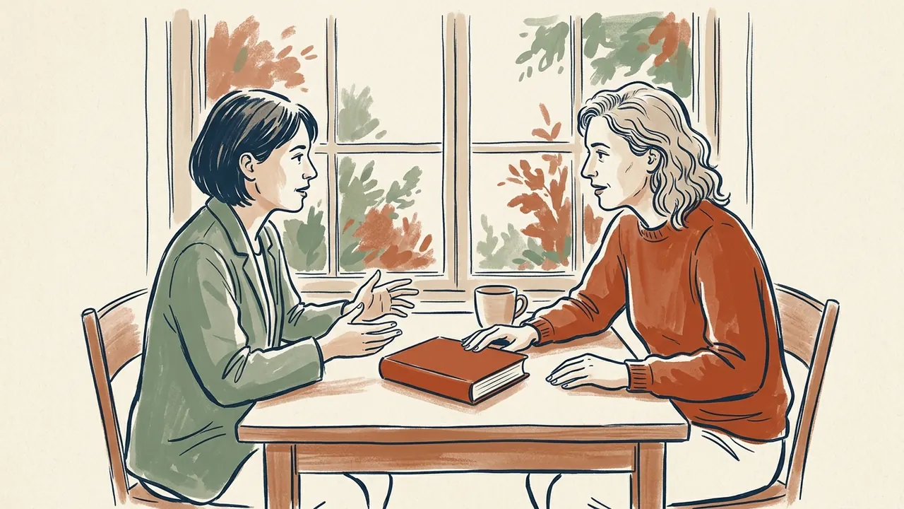 Dos personas adultas conversan junto a una ventana con un libro cerrado sobre la mesa.