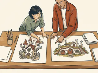 Dos personas comparan dibujos de dos viviendas imaginarias sobre una mesa.