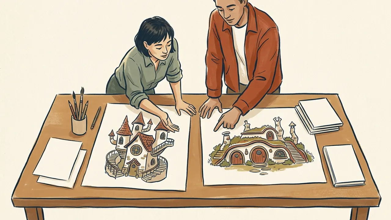 Dos personas comparan dibujos de dos viviendas imaginarias sobre una mesa.
