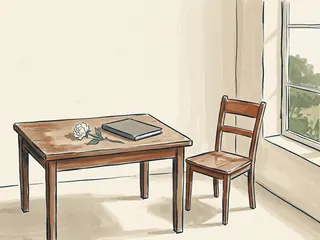 Un cuaderno cerrado y una flor blanca sobre una mesa junto a una silla vacía y una ventana.