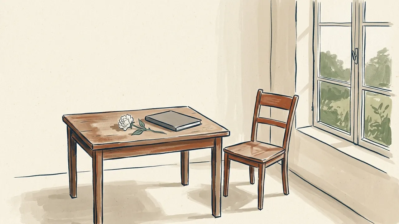 Un cuaderno cerrado y una flor blanca sobre una mesa junto a una silla vacía y una ventana.