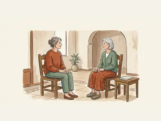 Dos mujeres mayores conversan sentadas en una estancia luminosa.