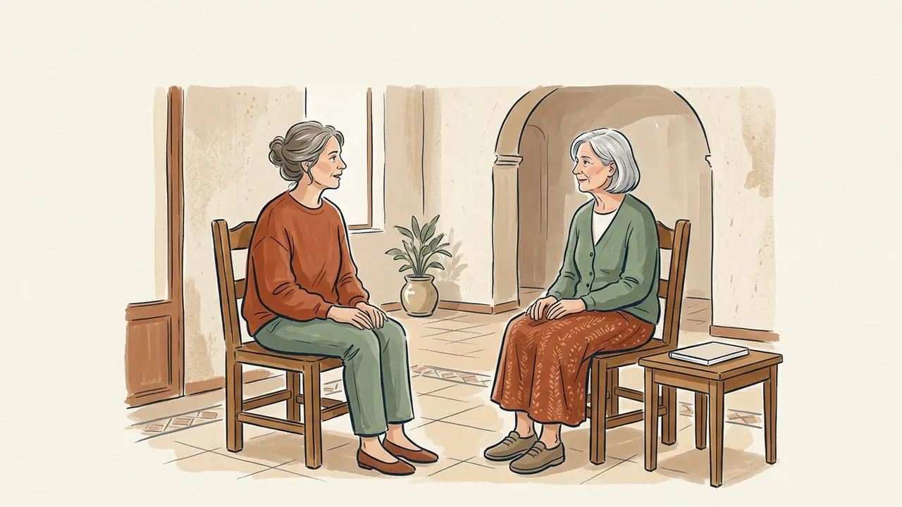 Dos mujeres mayores conversan sentadas en una estancia luminosa.