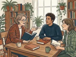 Tres personas leen y conversan sobre libros en una biblioteca.