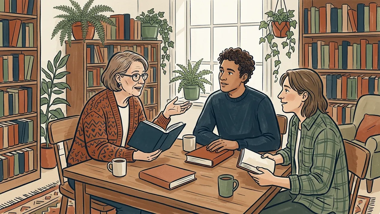 Tres personas leen y conversan sobre libros en una biblioteca.
