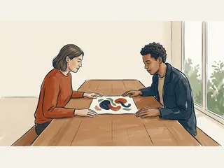 Dos personas sentadas observan una lámina abstracta original sobre una mesa.