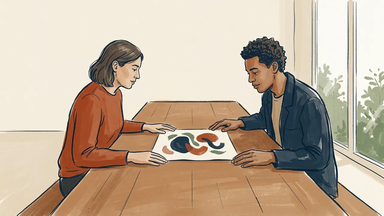 Dos personas sentadas observan una lámina abstracta original sobre una mesa.