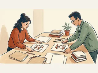 Dos personas organizan ilustraciones de un perro y un gato en una mesa.