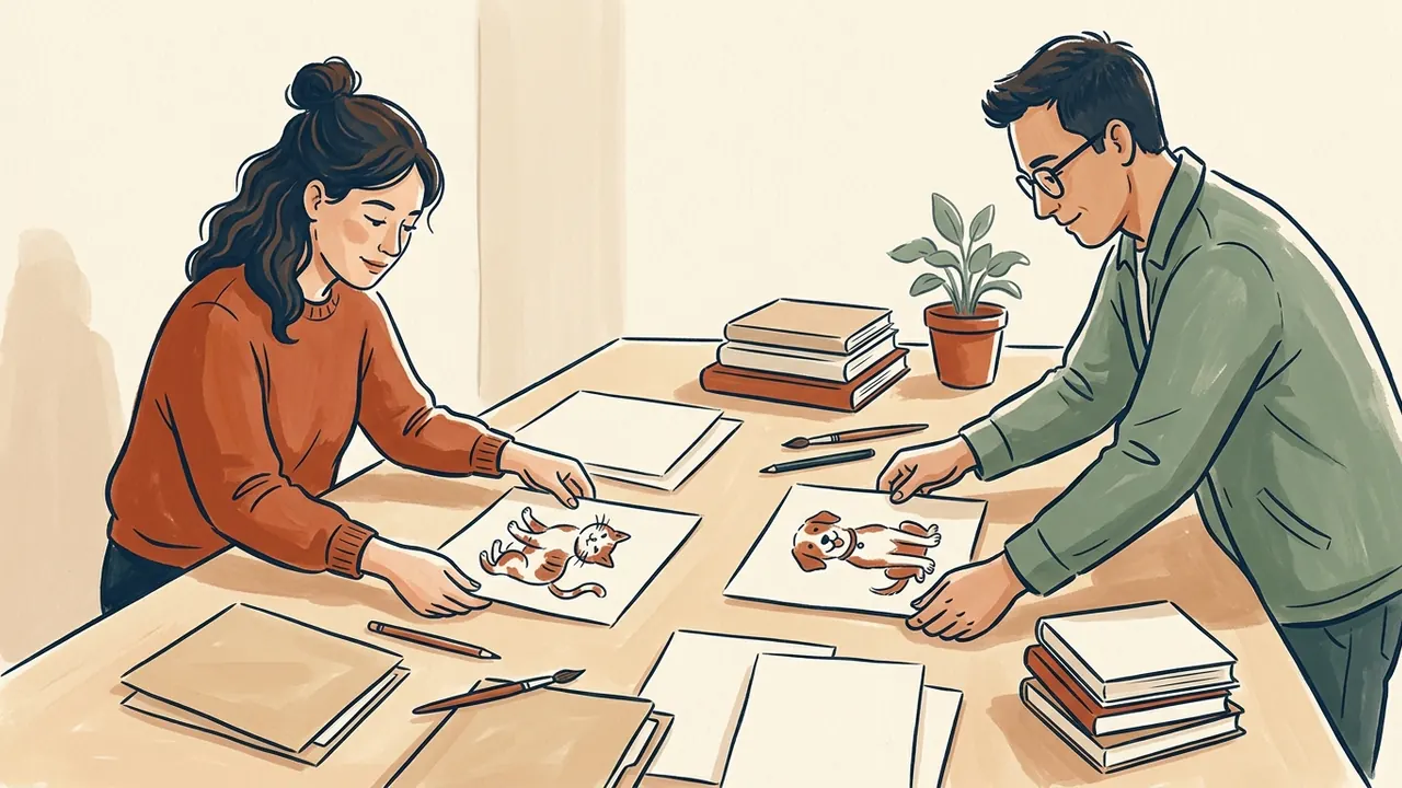 Dos personas organizan ilustraciones de un perro y un gato en una mesa.