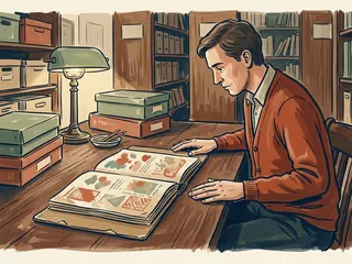 Una persona consulta un volumen con composiciones abstractas en una mesa de archivo.