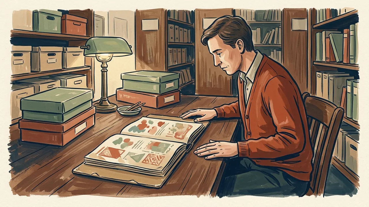Una persona consulta un volumen con composiciones abstractas en una mesa de archivo.