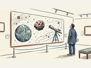 Una persona observa una ilustración de la Tierra, un asteroide y un telescopio en una exposición ficticia.