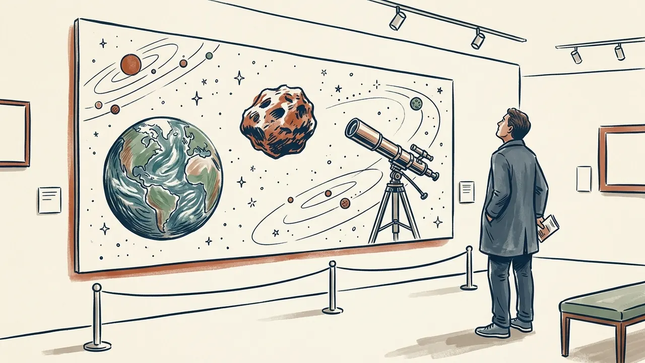 Una persona observa una ilustración de la Tierra, un asteroide y un telescopio en una exposición ficticia.