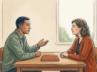 Dos personas conversan junto a una carpeta cerrada en una sala de divulgación ficticia.