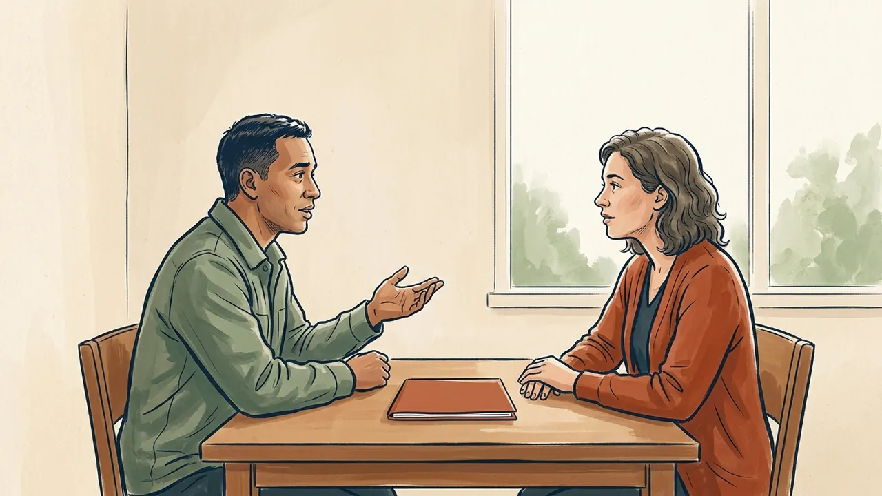 Dos personas conversan junto a una carpeta cerrada en una sala de divulgación ficticia.