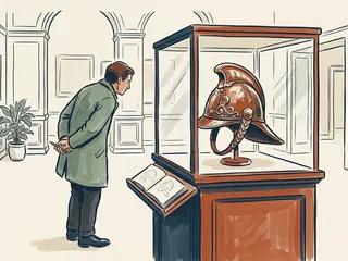 Persona observando un casco histórico ficticio en una vitrina de museo.