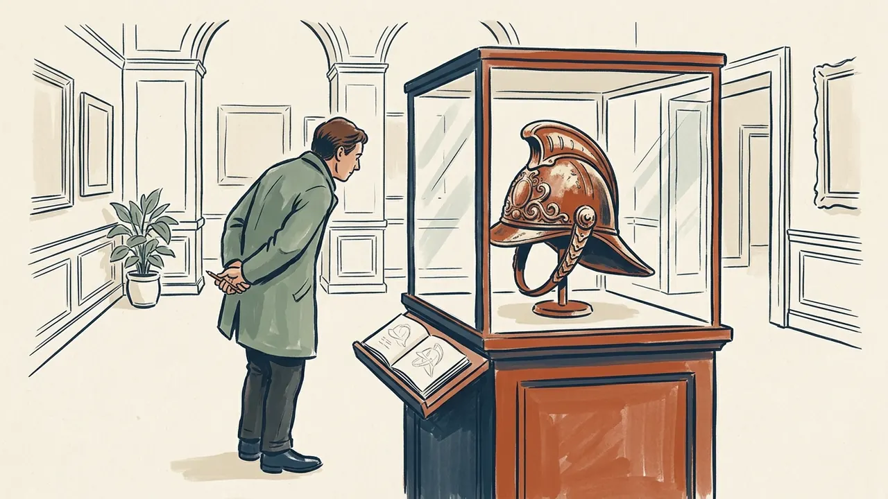 Persona observando un casco histórico ficticio en una vitrina de museo.
