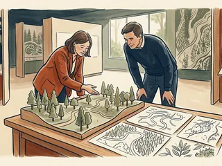 Dos personas observan una maqueta de un bosque y dibujos en un centro de interpretación.