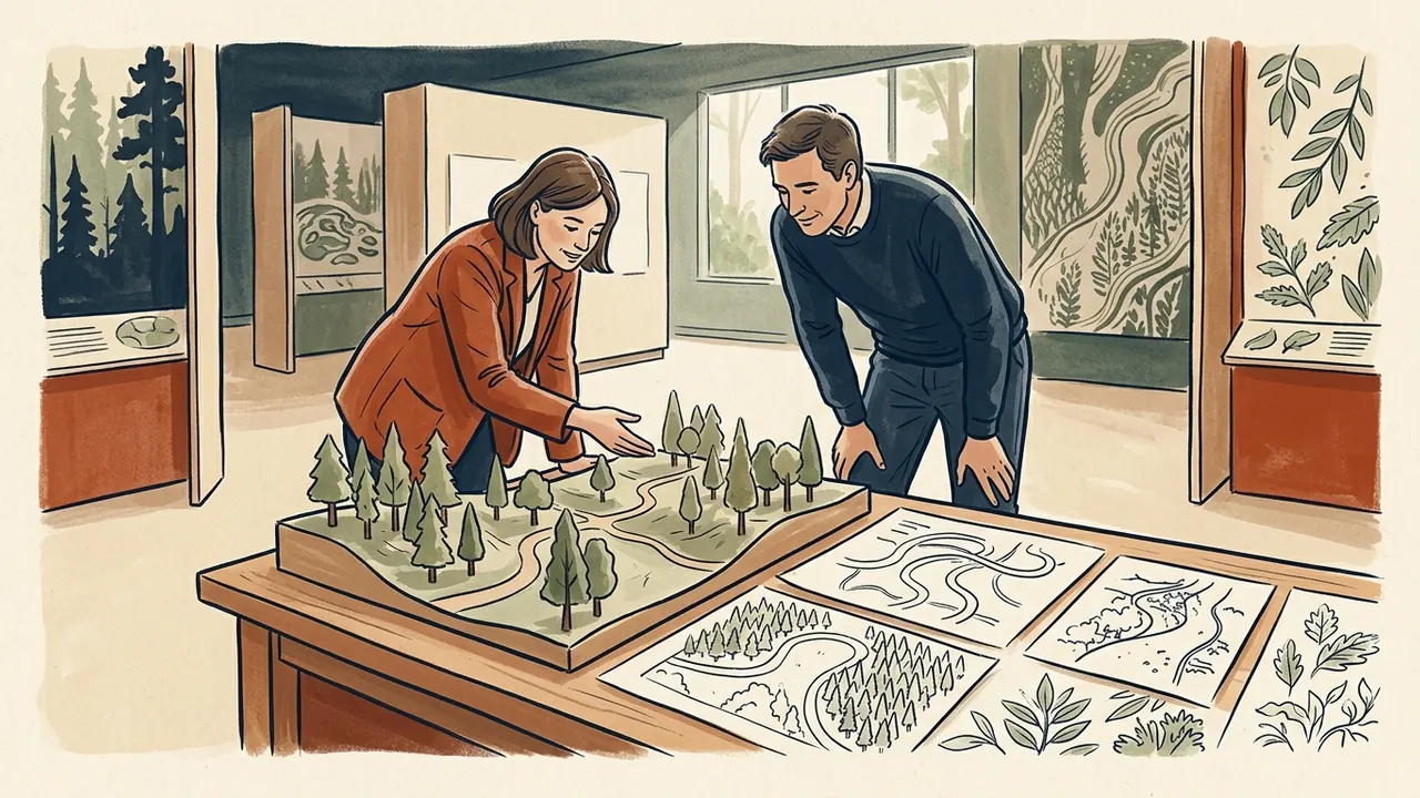 Dos personas observan una maqueta de un bosque y dibujos en un centro de interpretación.