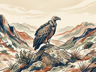 Un buitre de plumaje estilizado descansa sobre una roca en un paisaje montañoso.