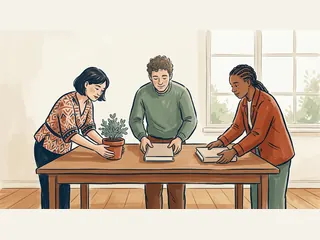 Tres personas organizan dos libros y una planta sobre una mesa comunitaria.