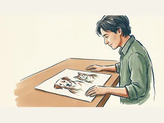 Una persona observa una lámina ilustrada con un perro y un gato ficticios.