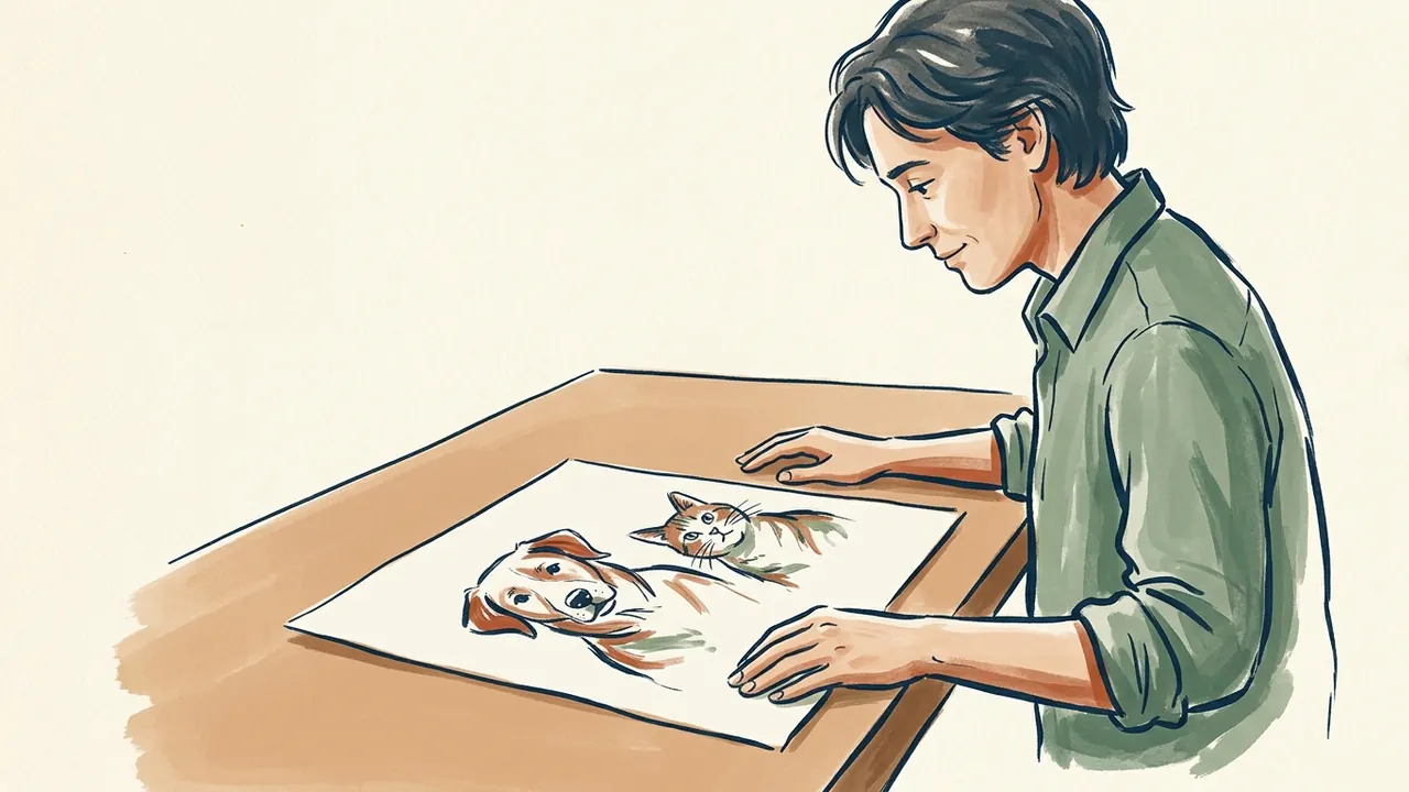 Una persona observa una lámina ilustrada con un perro y un gato ficticios.