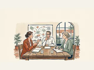 Tres personas conversan alrededor de una mesa sobre un esquema de investigación.