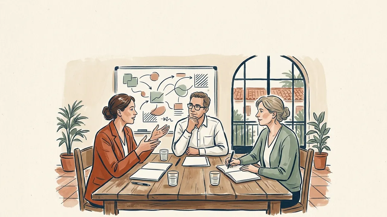 Tres personas conversan alrededor de una mesa sobre un esquema de investigación.